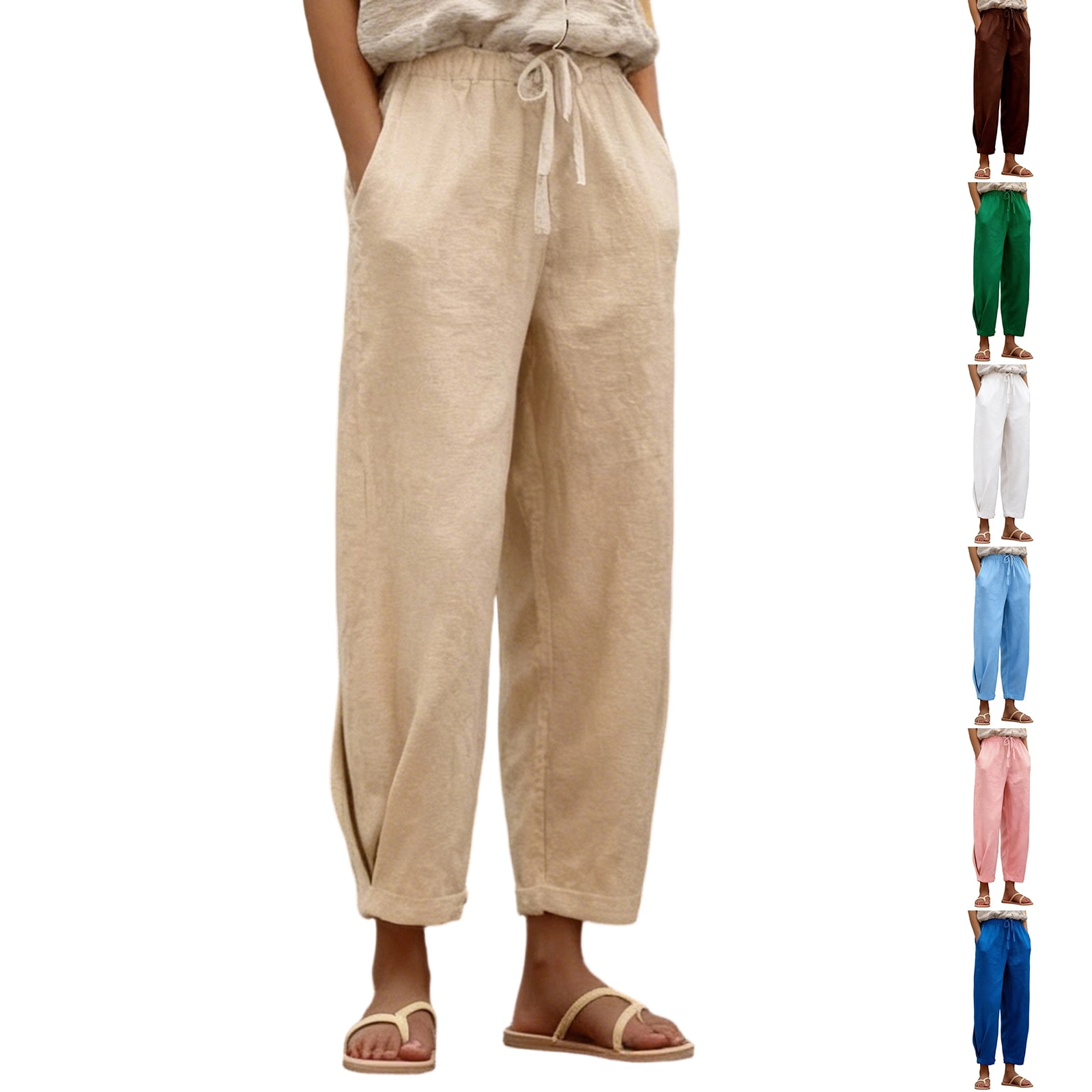 Cotton Linen Pants for Women 2026 Summer Drawstring High Waisted Wide ...