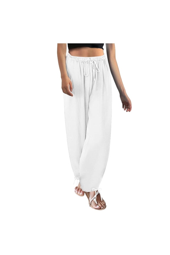 Cotton Linen Pants for Women Baggy Lightweight Cozy Pants Elastic Waist Casual Lounge Wide Leg Summer Harem Pants