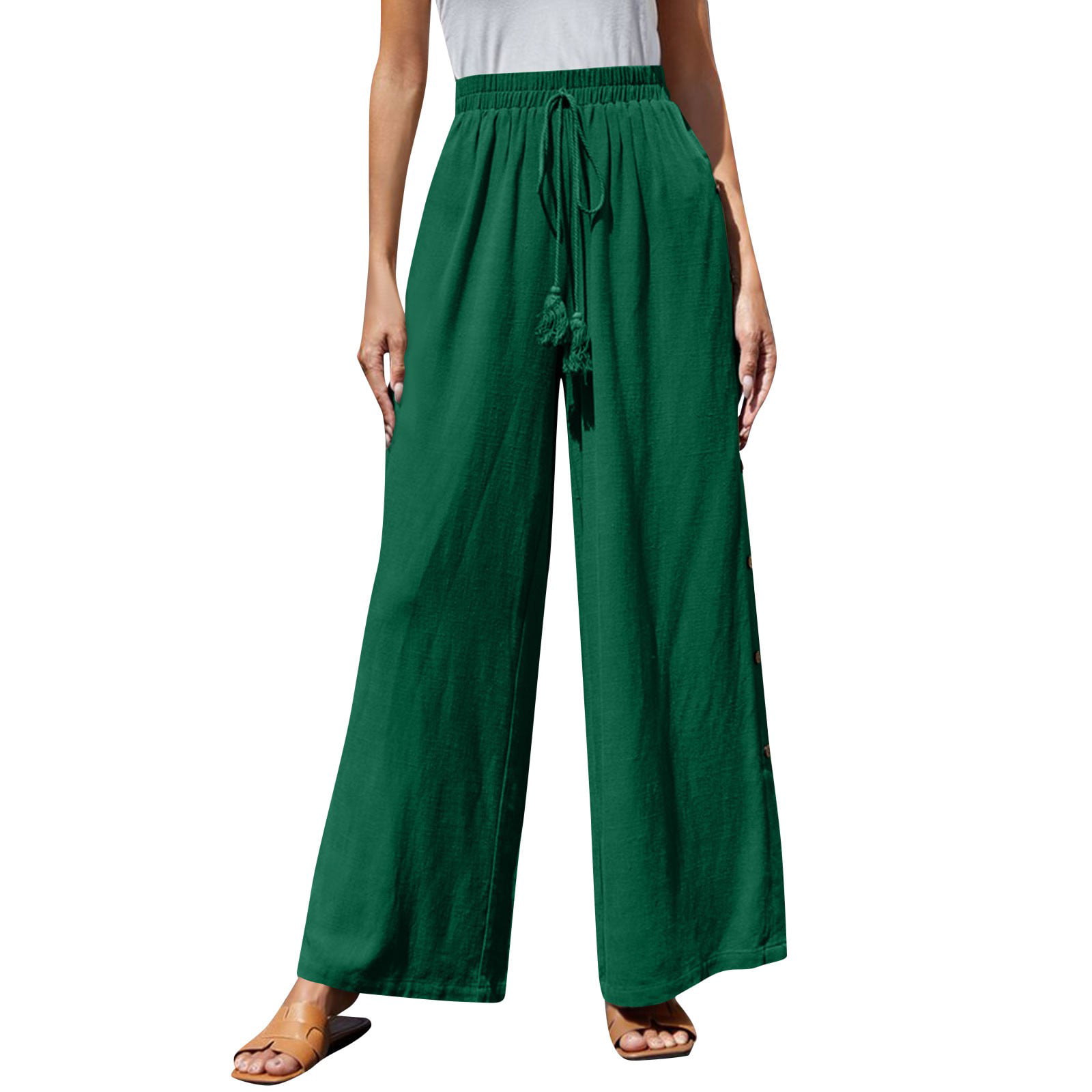 Cotton Linen Pants for Women Casual Summer Elastic Tie Waist Side Button  Down Split Flowy Pant Wide Leg Trousers (3X-Large, Army Green)