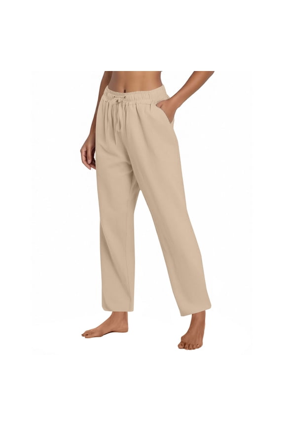 Cotton Linen Pants for Women Drawstring Casual High Waisted Pull On Straight Leg Trousers with Pockets Beige M