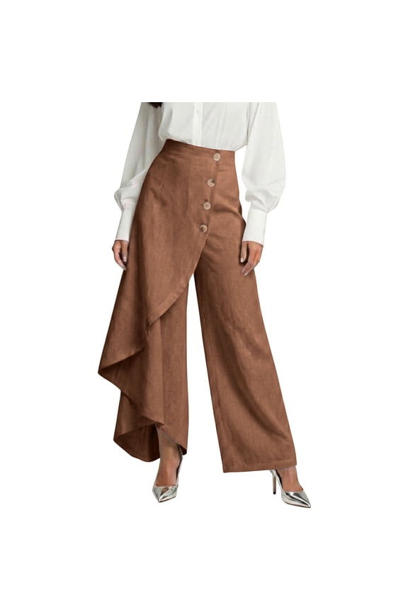 Cotton Linen Pants for Women Dressy Asymmetric Wrap Front High Waisted Wide Leg Trousers Trendy Relaxed Fit Pants