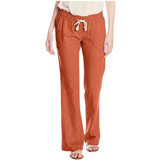 Cotton Linen Pants for Women Elastic Waist Drawstring Straight Leg Pants Casual Comfy Lounge Trousers with Pockets Orange