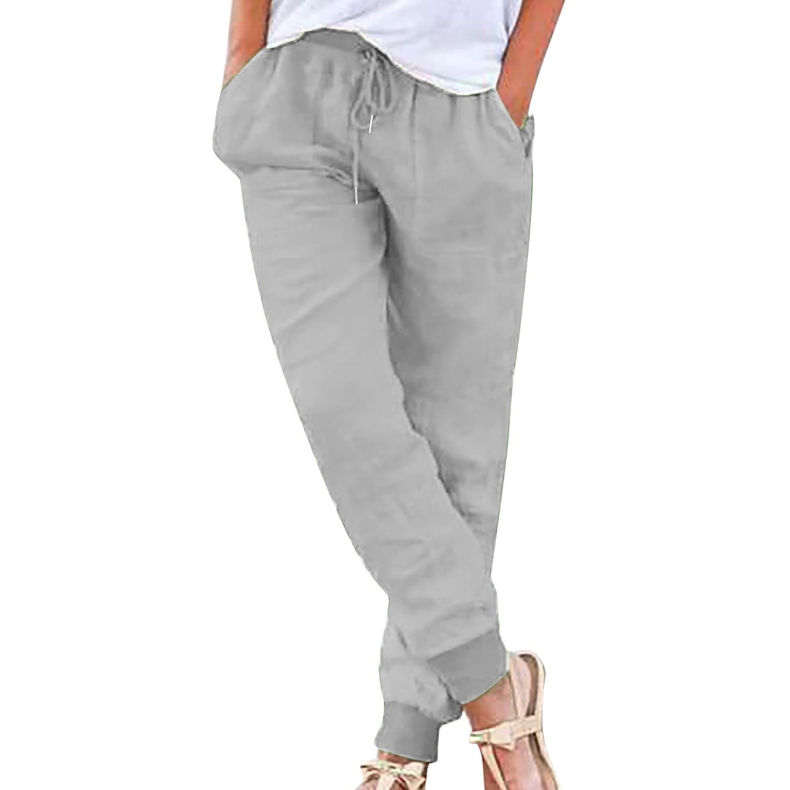 Cotton Linen Pants for Women Elastic Waist Drawstring Straight Leg Pants  Casual Soft Lounge Trousers with Pockets