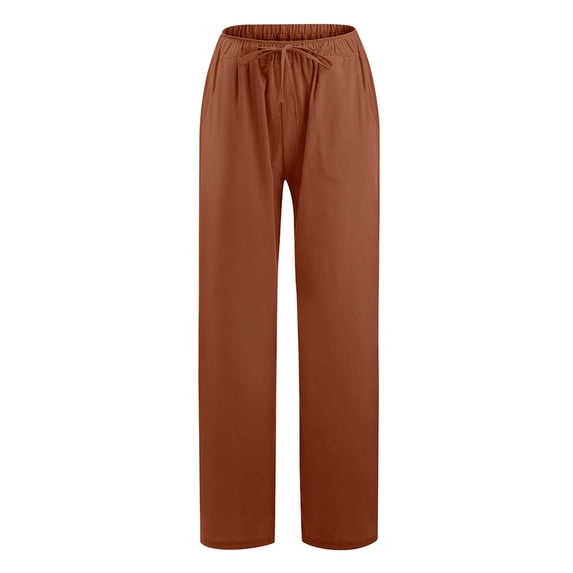 Cotton Linen Pants for Women Elastic Waist Drawstring Wide Leg Pants Casual Baggy Lounge Trousers with Pockets