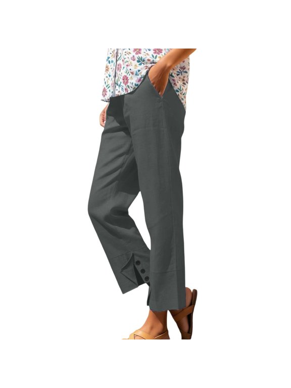 Cotton Linen Pants for Women Elastic Waist Straight Leg Beach Trouser Split Hem Boho Casual Pant with Pockets