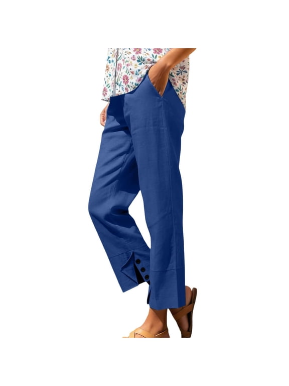 Cotton Linen Pants for Women Elastic Waist Straight Leg Beach Trouser Split Hem Boho Casual Pant with Pockets