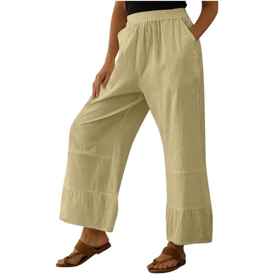 Cotton Linen Pants for Women Elastic Wasit Wide Leg Palazzo Lounge Pants Summer Casual Loose Trousers with Pockets