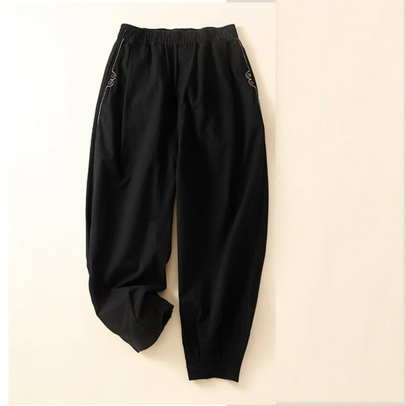 Cotton Linen Pants for Women Elastric Waist Embroidered Capri Trousers with Front Pockets Solid Color Lace Patchwork Loose-Fit Lounge Pant
