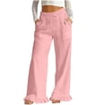 thumbnail image 1 of Cotton Linen Pants for Women High Waist Drawstring Ruffle Hem Wide Leg Pants Casual Vacation Trousers with Pockets, 1 of 7