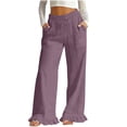 thumbnail image 1 of Cotton Linen Pants for Women High Waist Drawstring Ruffle Hem Wide Leg Pants Casual Vacation Trousers with Pockets, 1 of 7