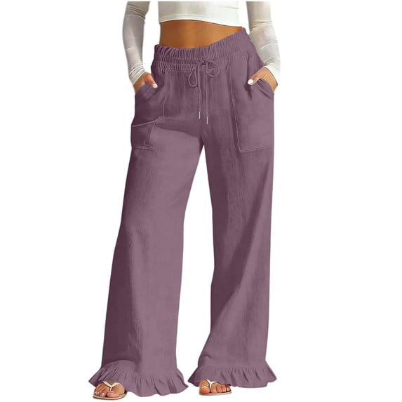 Cotton Linen Pants for Women High Waist Drawstring Ruffle Hem Wide Leg Pants Casual Vacation Trousers with Pockets