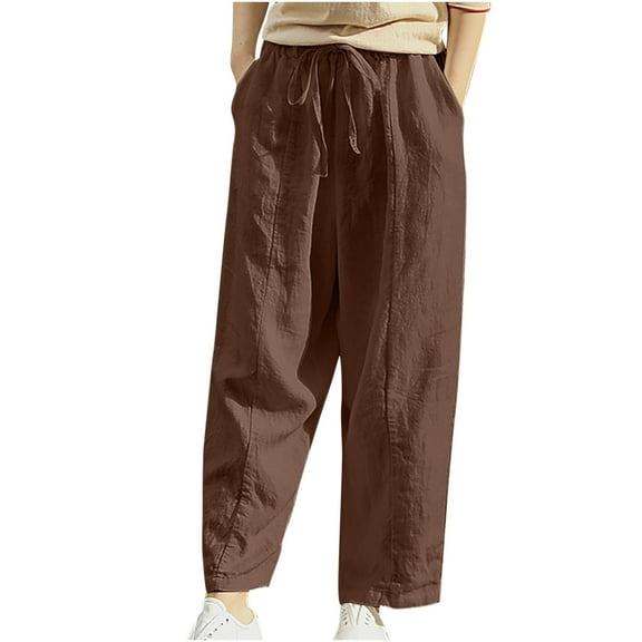Cotton Linen Pants for Women High Waist Drawstring Wide Leg Pants Casual Comfy Plus Size Lounge Trousers with Pocket