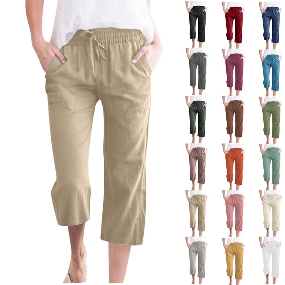 Cotton-Linen Pants for Women High Waisted Drawstring Summer Yoga Pants with Pockets Loose and Comfortable for Home Leisure