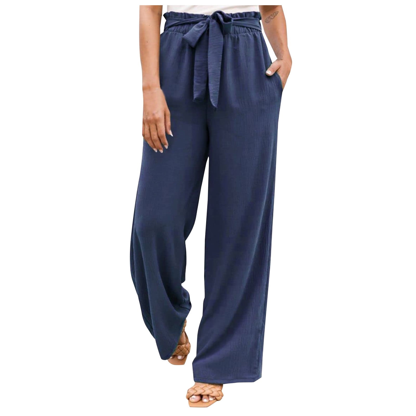 Apendorf Linen Pants for Women Summer Casual Bottoms Wide Leg High Wasited  Beach Trousers Preppy Lounge Pants with Pockets 1-navy 3X-Large