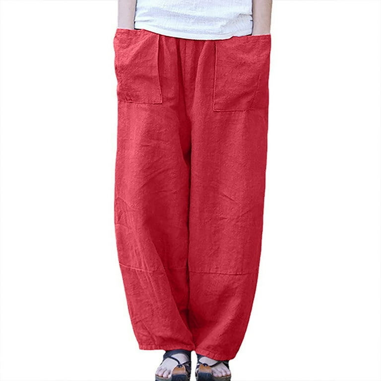 Cotton Linen Pants for Women Long Slacks Solid Color Wide Leg Casual Loose  Elastic Waist with Baggy Pockets Trousers (XL, Wine-P) 