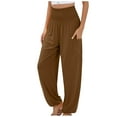 thumbnail image 1 of Cotton Linen Pants for Women Smocked High Waist Wide Leg Pants Casual Baggy Lightweight Lounge Trousers with Pockets, 1 of 5