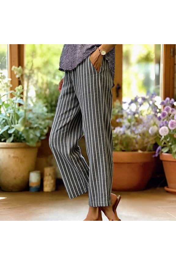 Cotton Linen Pants for Women Summer Boho Plus Size Elastic Waist Casual Loose Beach Straight Leg Trouser with Pockets Gray S