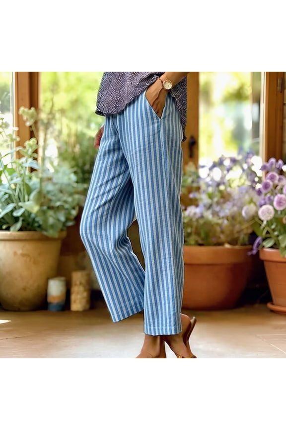 Cotton Linen Pants for Women Summer Boho Plus Size Elastic Waist Casual Loose Beach Straight Leg Trouser with Pockets Light Blue S