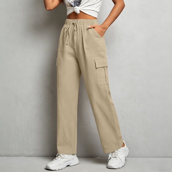 Cotton Linen Pants for Women Summer Casual Elastic Waist Drawstring Beach Casual Loose Fitting Cargo Pants
