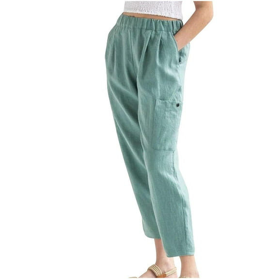 Cotton Linen Pants for Women Summer Casual Loose Fitted Solid Color Lightweight Slacks Trousers with Multi Pockets (Large, Mint Green)