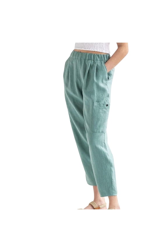 Cotton Linen Pants for Women Summer Casual Loose Fitted Solid Color Lightweight Slacks Trousers with Multi Pockets (Medium, Mint Green)