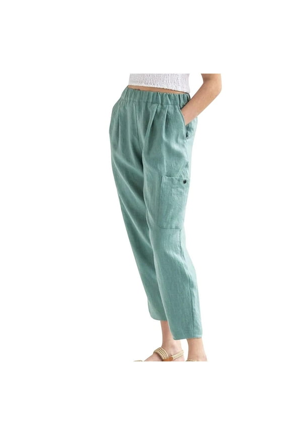Cotton Linen Pants for Women Summer Casual Loose Fitted Solid Color Lightweight Slacks Trousers with Multi Pockets (X-Large, Mint Green)