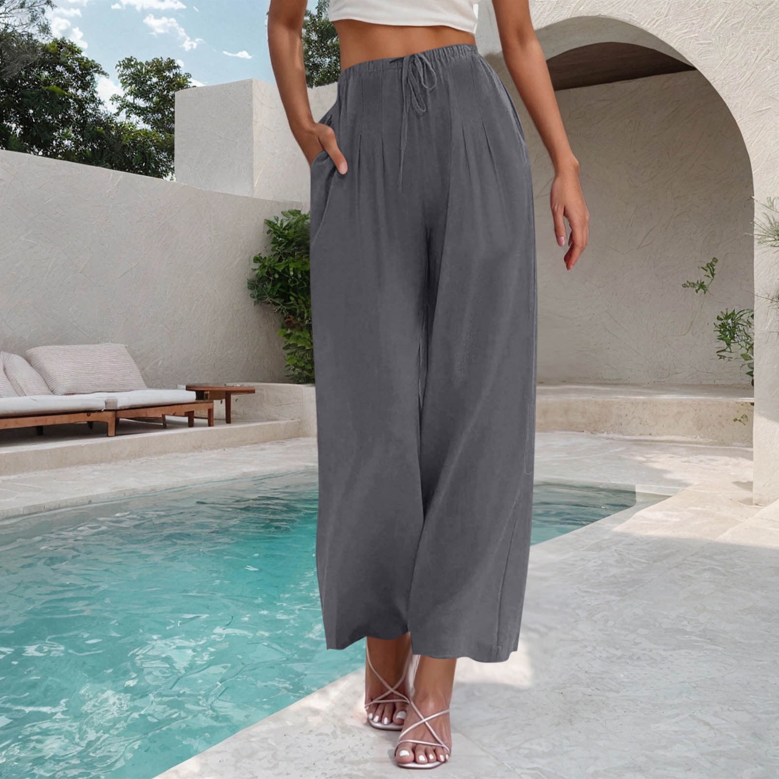 Women Summer Casual Pure Color 100 Linen Wide Leg Pants