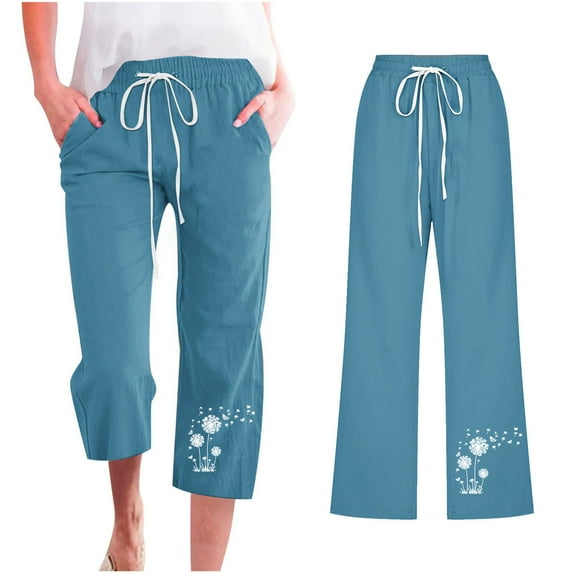 Cotton Linen Pants for Women Summer Lightweight Casual Loose Trousers Women's Palazzo Pants Plus Size Straight Leg Capris for Beach, Blue&L