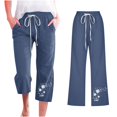thumbnail image 1 of Cotton Linen Pants for Women Summer Lightweight Casual Loose Trousers Women's Palazzo Pants Plus Size Straight Leg Capris for Beach, Navy&S, 1 of 4