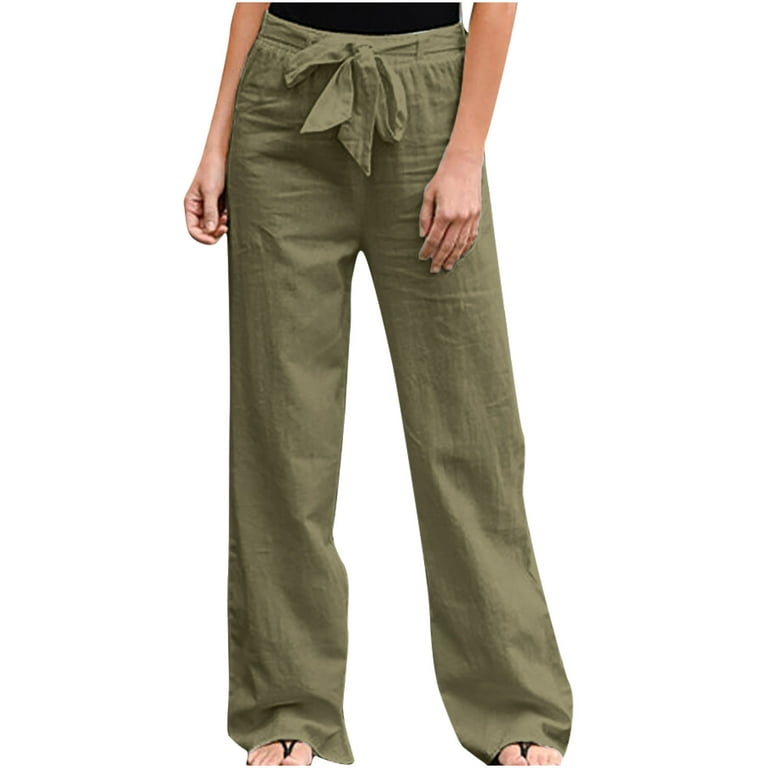 Cotton Linen Summer Pants for Women Casual Plus Size Belted Pants