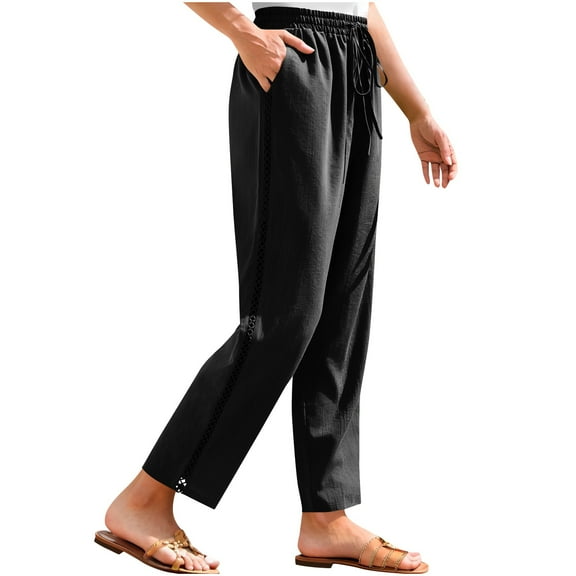 Cotton Linen Pants for Women Summer Wide Leg Casual Beach Pants Pull on Elastic Waist Casual Trendy Pants with Pockets