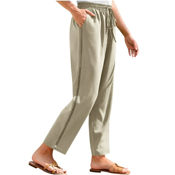 Cotton Linen Pants for Women Summer Wide Leg Casual Beach Pants Pull on Elastic Waist Casual Trendy Pants with Pockets
