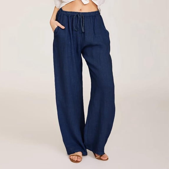 Cotton Linen Pants for Women Wide Leg Elastic Waist Full Length/Capri Drawstring Sweatpants Plus Size Workout Yoga Trousers with Pocket
