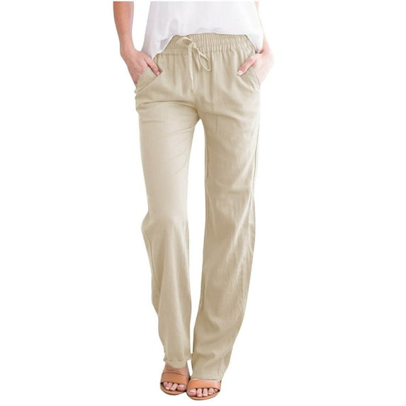 Cotton Linen Pants for Women with Pockets Casual Solid Drawstring Elastic Waist Jogger Loose Fit Work Trousers Pant
