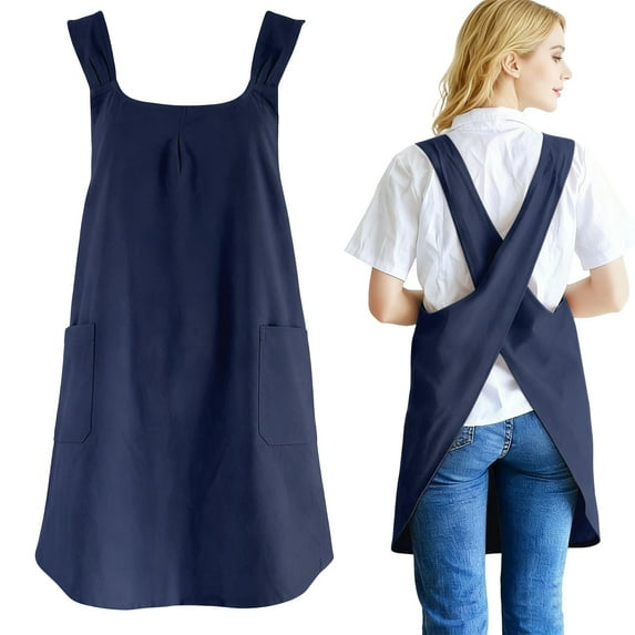 Cotton Linen Pinafore Apron Dress for Women with 2 Pockets Cute Art Chef Aprons Adjustable Bib Apron With Long Coverage for Kitchen Baking Gardening Painting(Navy Blue)