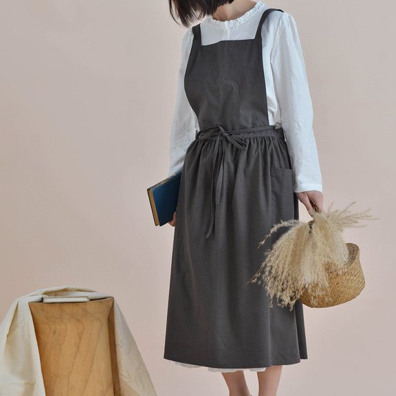 Cotton Linen Pinafore Apron Dress for Women with Pockets Cute Art Chef Aprons for Kitchen Baking Gardening Painting- gray