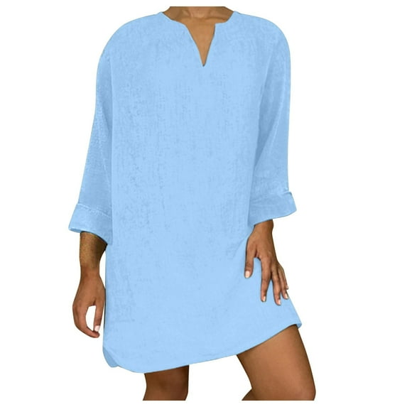 Cotton Linen Plus Size Dress Womens Loose Casual Long Sleeve V Neck T Shirt Short Dresses Fall Spring Sundress (4X-Large, Light Blue)