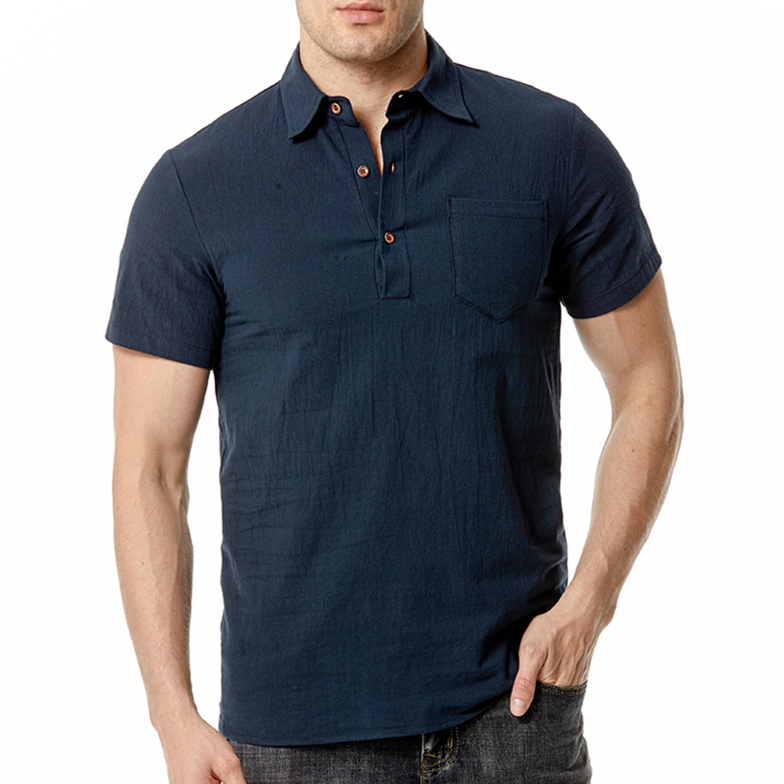 Cotton Linen Pocket Shirt for Men Beach Hippie Polo Shirts Hawaiian T ...