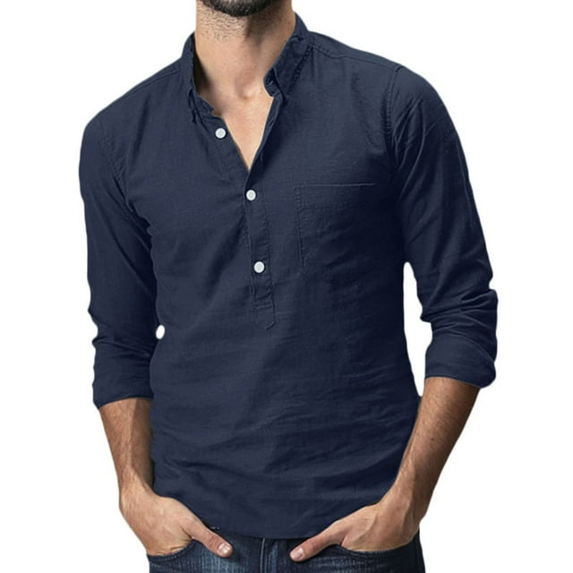 Cotton Linen Polo Shirts for Men Regular Fit Long Sleeve Tops Summer ...