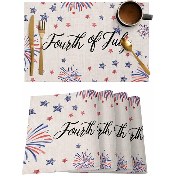Cotton Linen Red and Blue Stars Placemat Fourth of July Placemats Set of 4, Retro Stars Fireworks Non-Slip Table Mats for Dining Table,12x18 Inch Heat Insulation Patriotic Place Mats