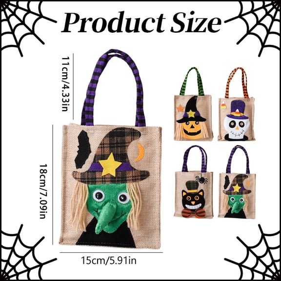 Cotton Linen Reusable Halloween Candy Bag Set of 4 with Pumpkin Witch Skeleton Ghost Designs