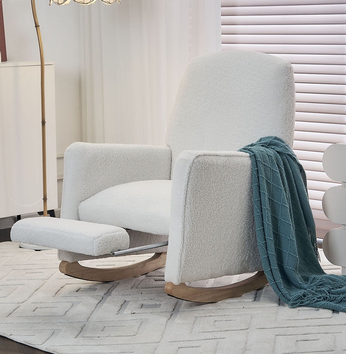 Cotton Linen Rocking Chair Adjustable Footrest, Wooden Legs 300 LBS Capacity Easy Assembly Living Room or Bedroom Furniture