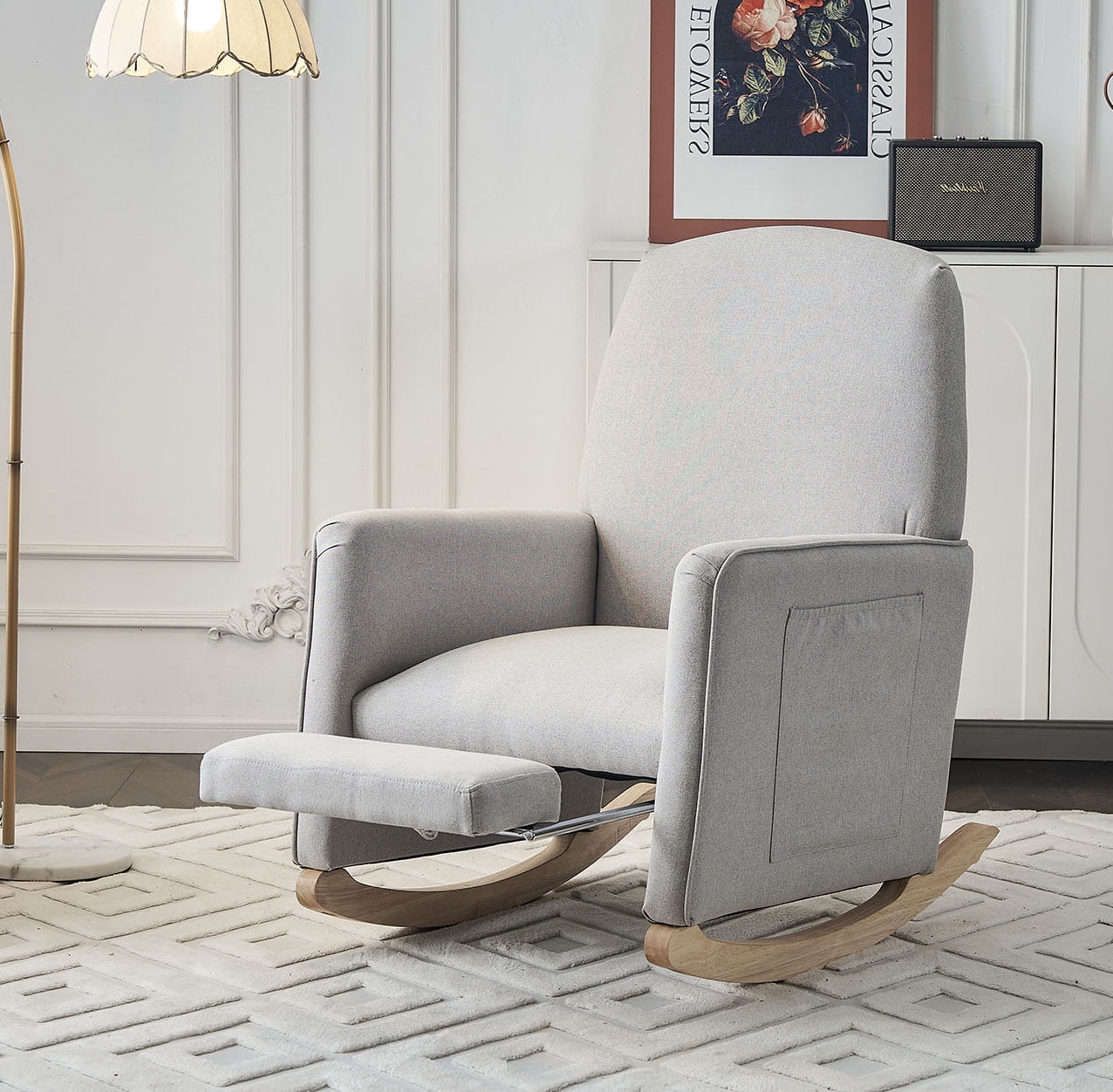 Cotton Linen Rocking Chair Adjustable Footrest, Wooden Legs 300 LBS Capacity Easy Assembly Living Room or Bedroom Furniture