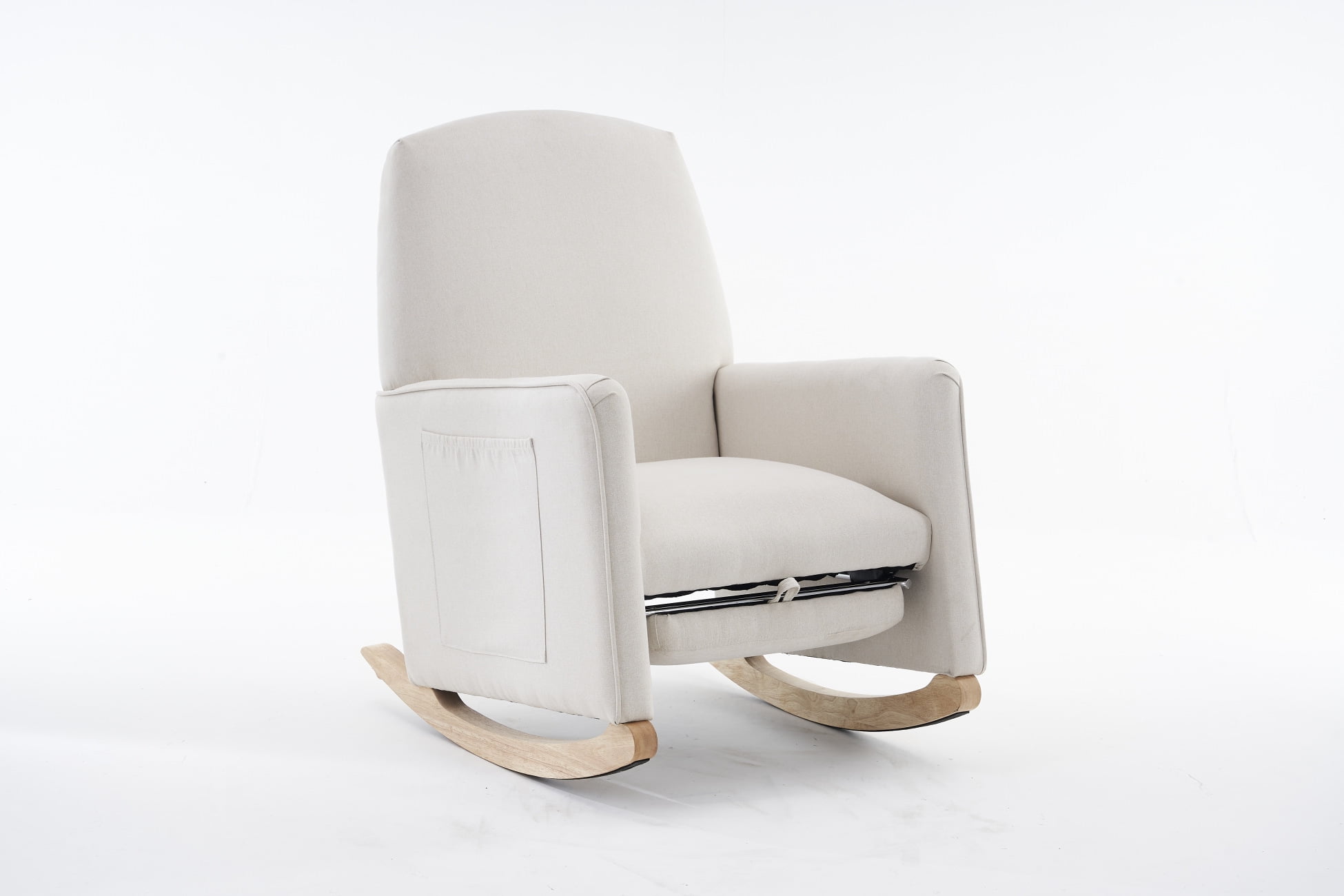 Cotton Linen Rocking Chair with Pull Out Footrest, Side Pockets and Non-slip Mats Legs for Living Room, Bedroom, Nursery, Balcony, Beige