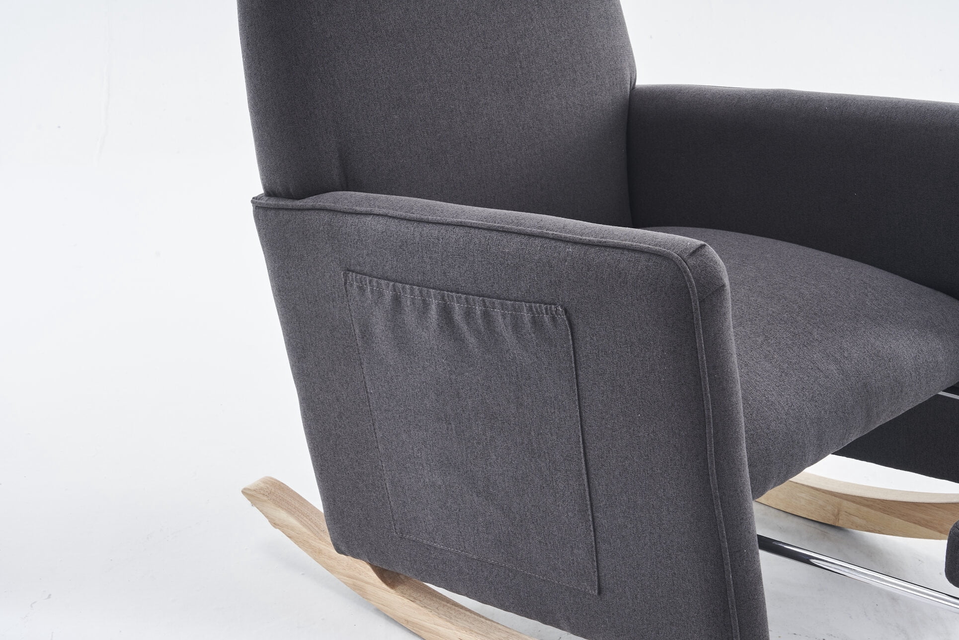 Cotton Linen Rocking Chair with Pull Out Footrest, Side Pockets and Non-slip Mats Legs for Living Room, Bedroom, Nursery, Balcony, Dark Gray