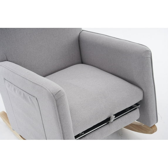 Cotton Linen Rocking Chair with Pull Out Footrest, Side Pockets and Non-slip Mats Legs for Living Room, Bedroom, Nursery, Balcony, Light Gray