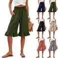 thumbnail image 1 of Cotton Linen Ruffle Hem Culottes for Women 2026 Casual Lightweight Shorts Smocked Waist Wide Leg Short Pants Army Green S, 1 of 7