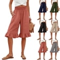 thumbnail image 1 of Cotton Linen Ruffle Hem Culottes for Women 2026 Casual Lightweight Shorts Smocked Waist Wide Leg Short Pants Watermelon Red XL, 1 of 7
