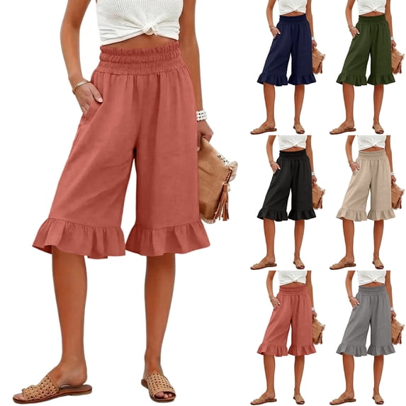 Cotton Linen Ruffle Hem Culottes for Women 2026 Casual Lightweight Shorts Smocked Waist Wide Leg Short Pants Watermelon Red XL