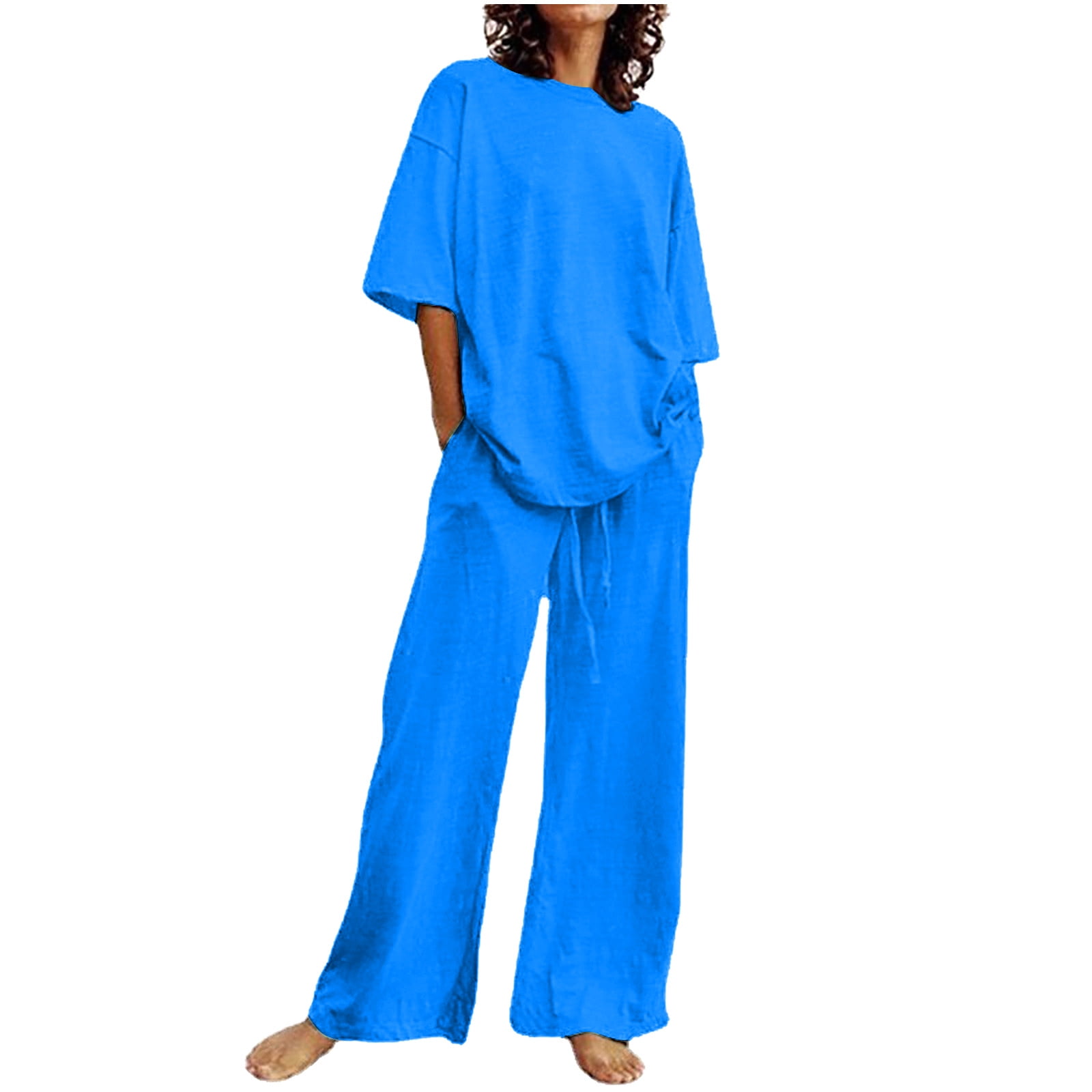 Cotton Linen Set Women 2 Piece Outfits Summer Loose Drop Shoulder Short  Sleeve Oversized Top and Wide Leg Pants Sets